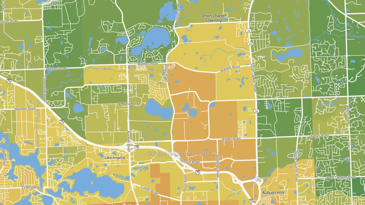 Map of the best neighborhoods in the 48359 area, with better matches in green and worse matches in red