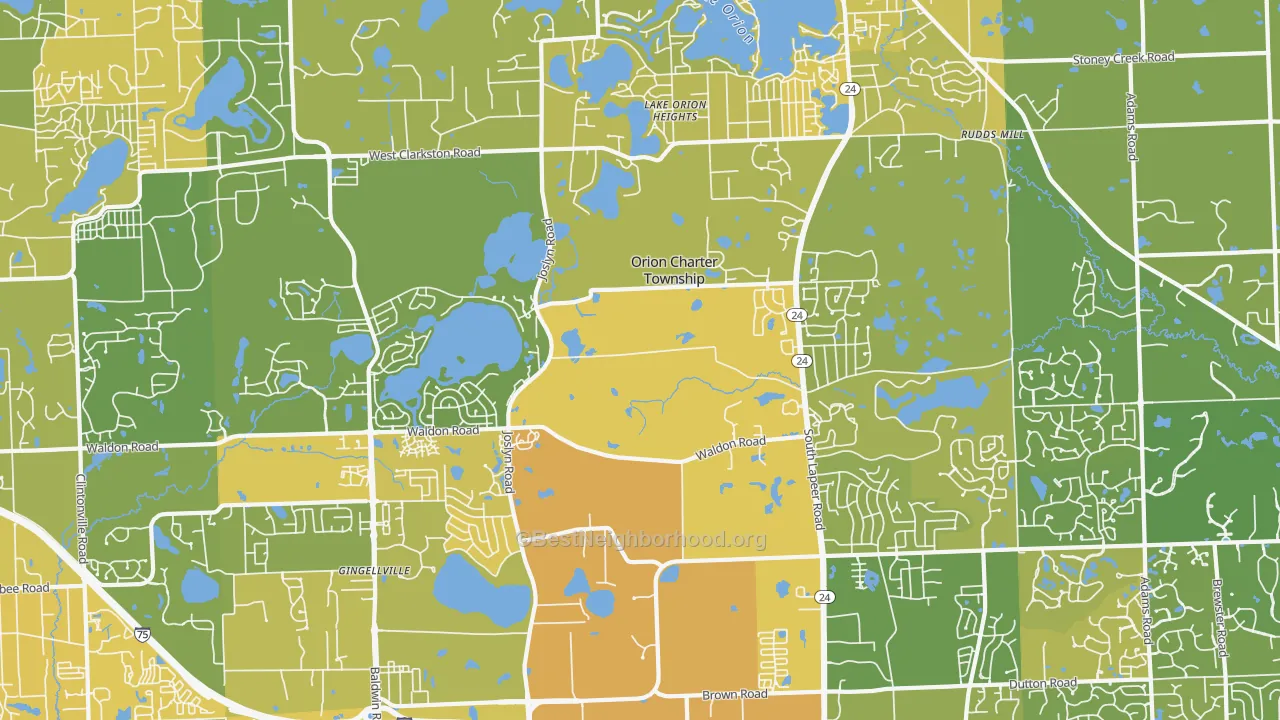 Map of the best neighborhoods in the 48360 area, with better matches in green and worse matches in red