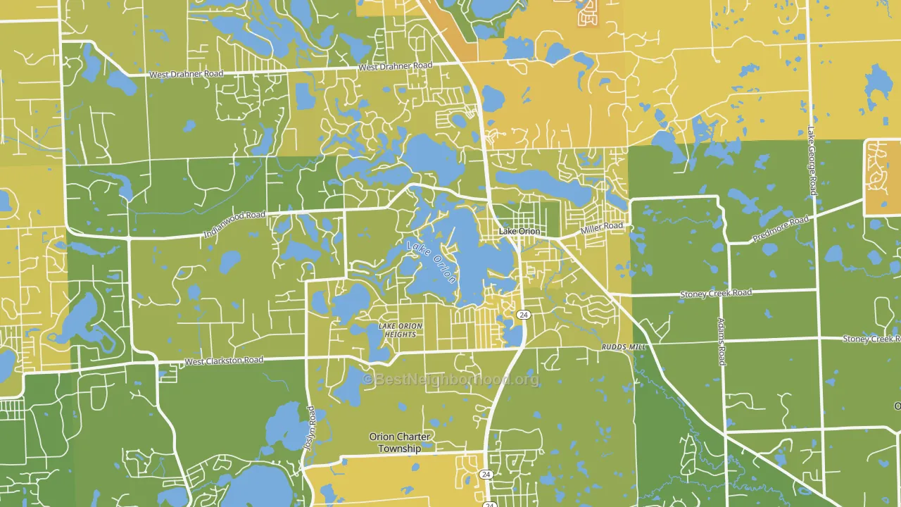 Map of the best neighborhoods in the 48362 area, with better matches in green and worse matches in red