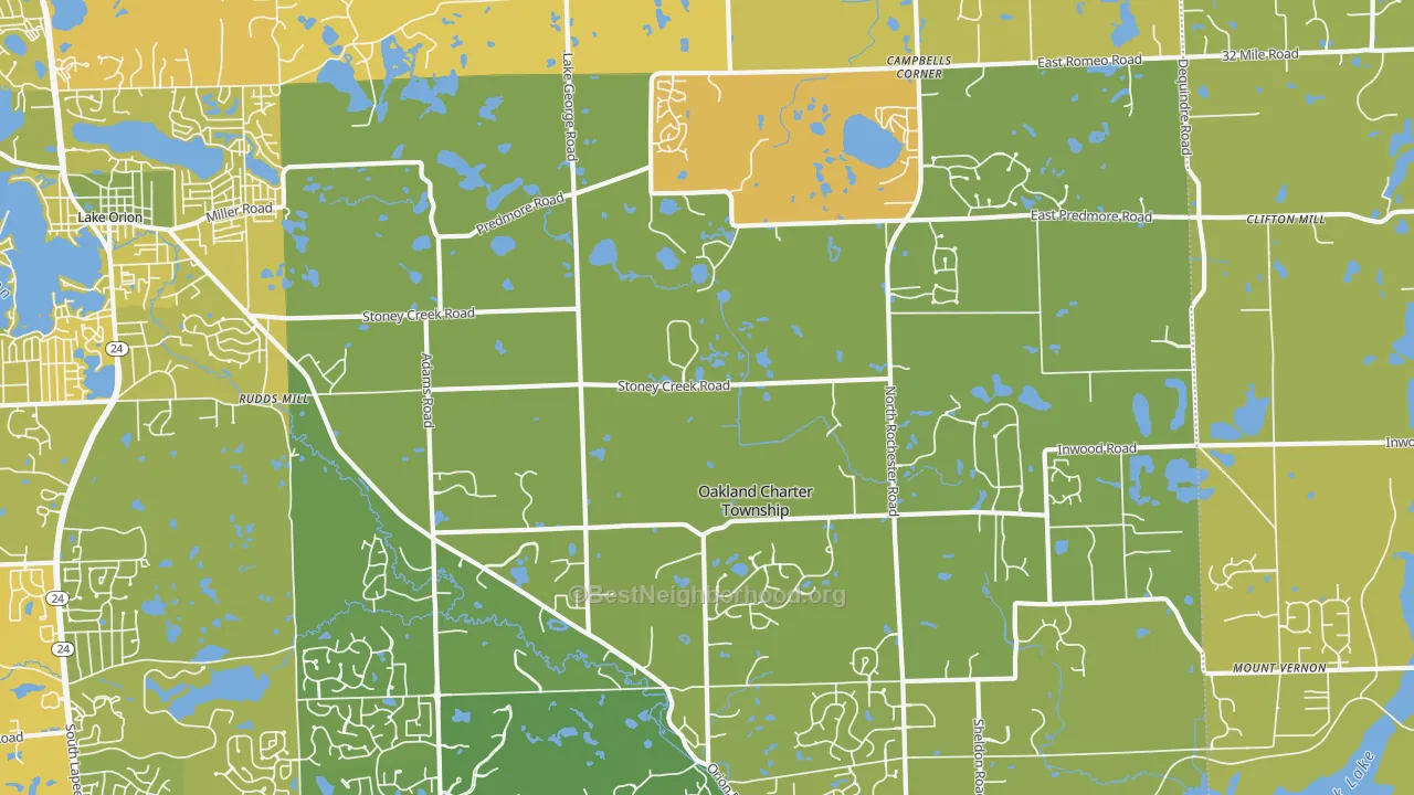 Map of the best neighborhoods in the 48363 area, with better matches in green and worse matches in red