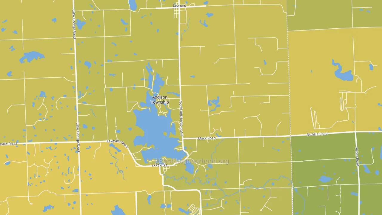 Map of the best neighborhoods in the 48367 area, with better matches in green and worse matches in red