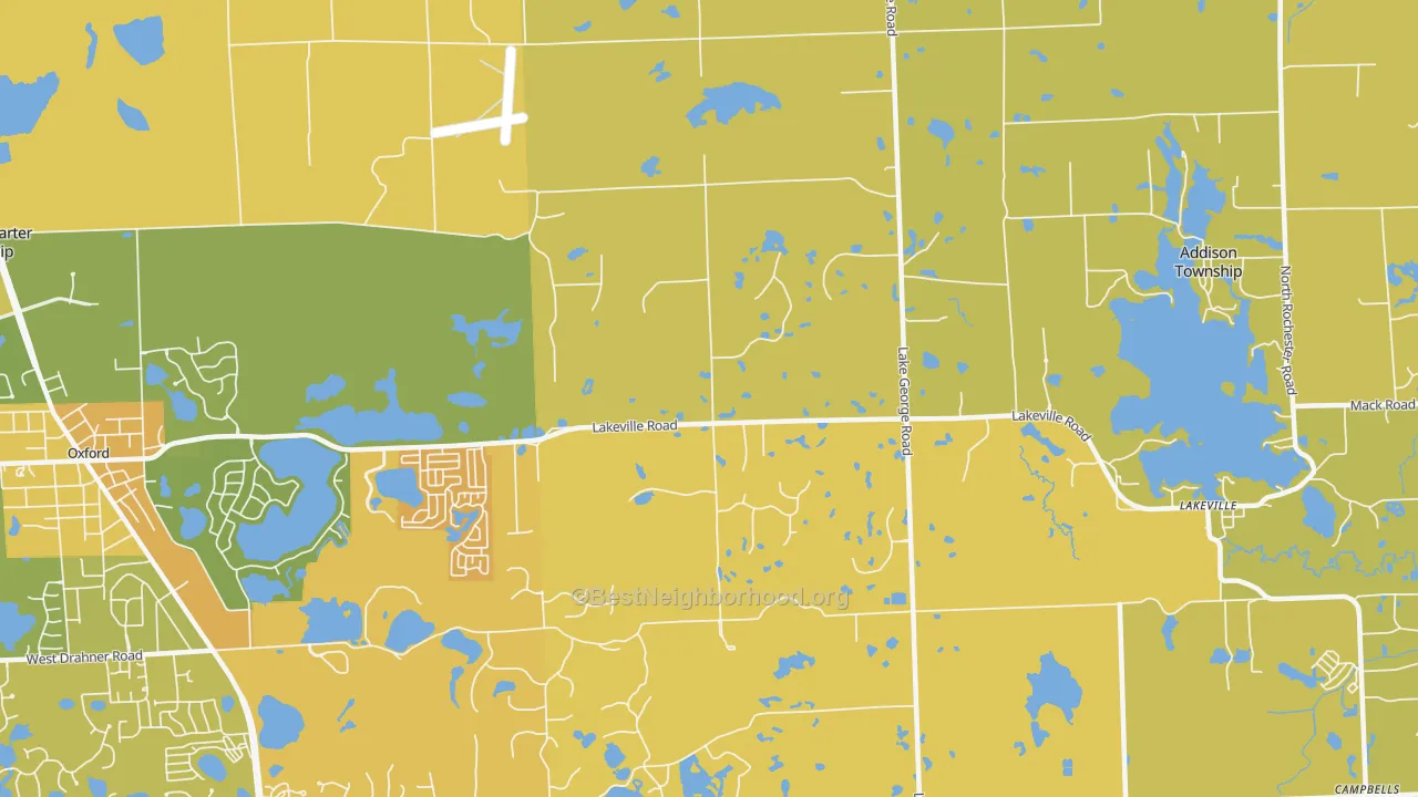 Map of the best neighborhoods in the 48370 area, with better matches in green and worse matches in red