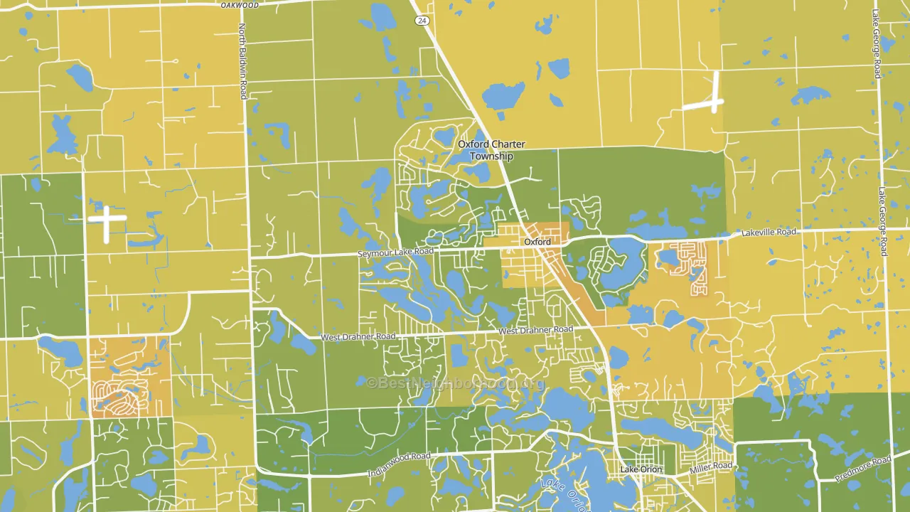 Map of the best neighborhoods in the 48371 area, with better matches in green and worse matches in red
