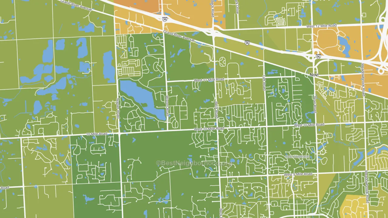 Map of the best neighborhoods in the 48374 area, with better matches in green and worse matches in red