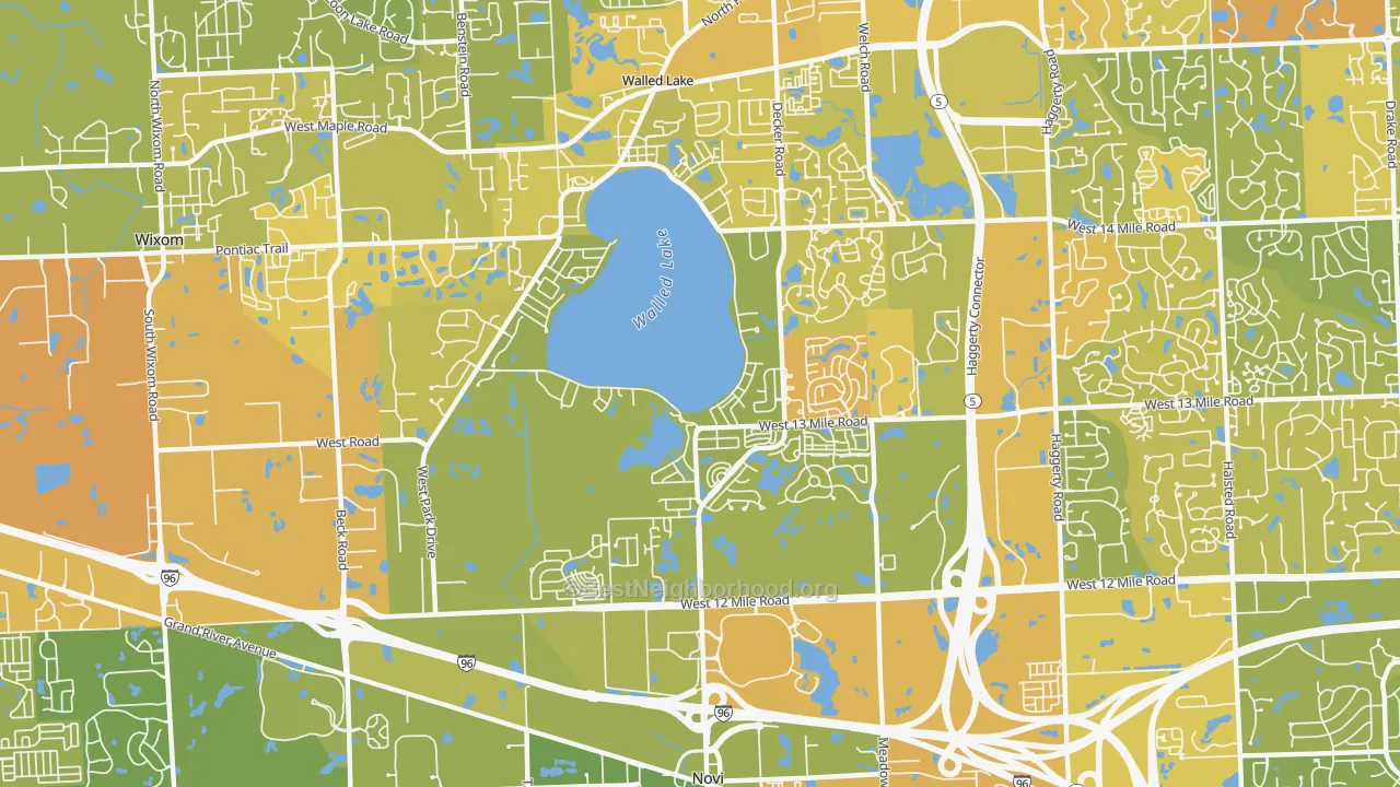 Map of the best neighborhoods in the 48377 area, with better matches in green and worse matches in red