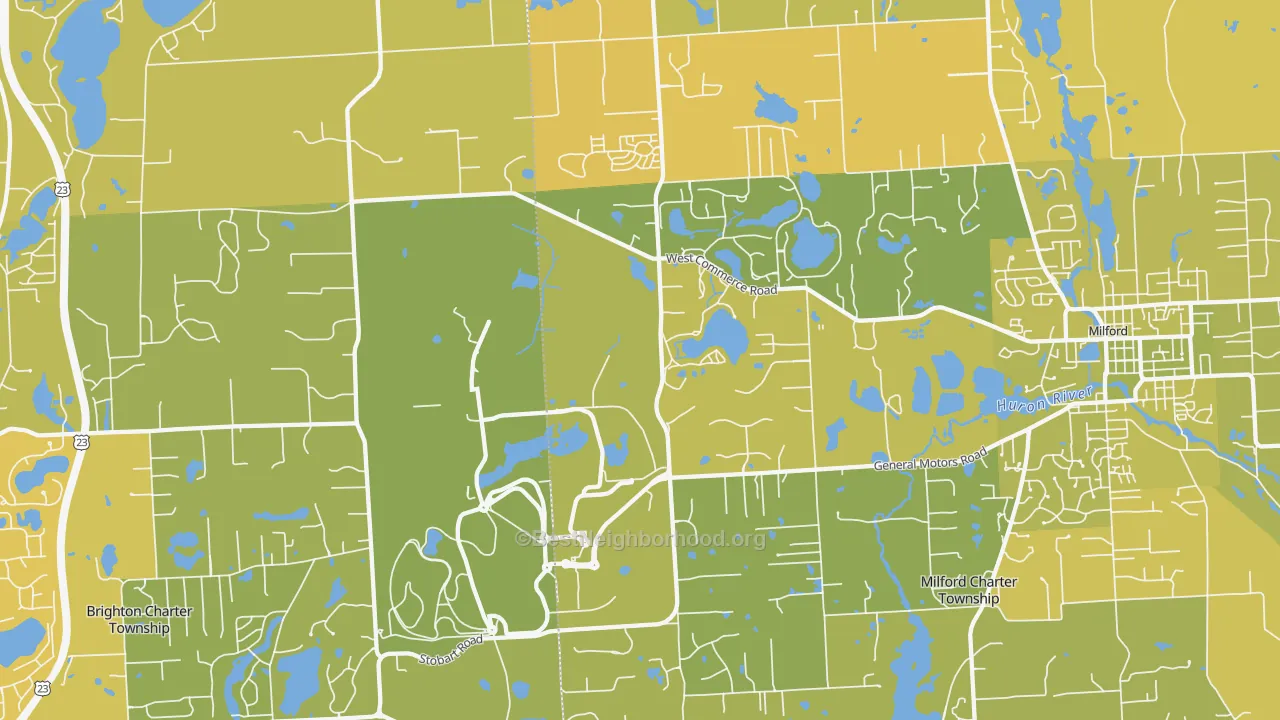 Map of the best neighborhoods in the 48380 area, with better matches in green and worse matches in red