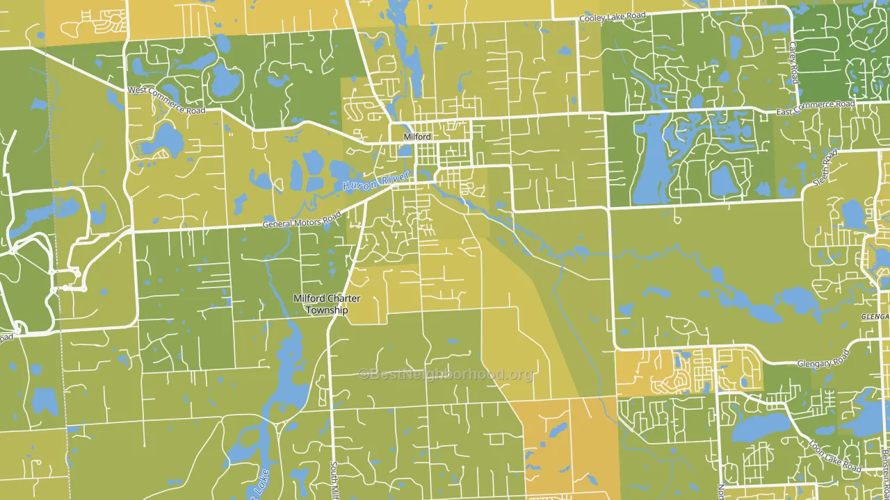 Map of the best neighborhoods in the 48381 area, with better matches in green and worse matches in red