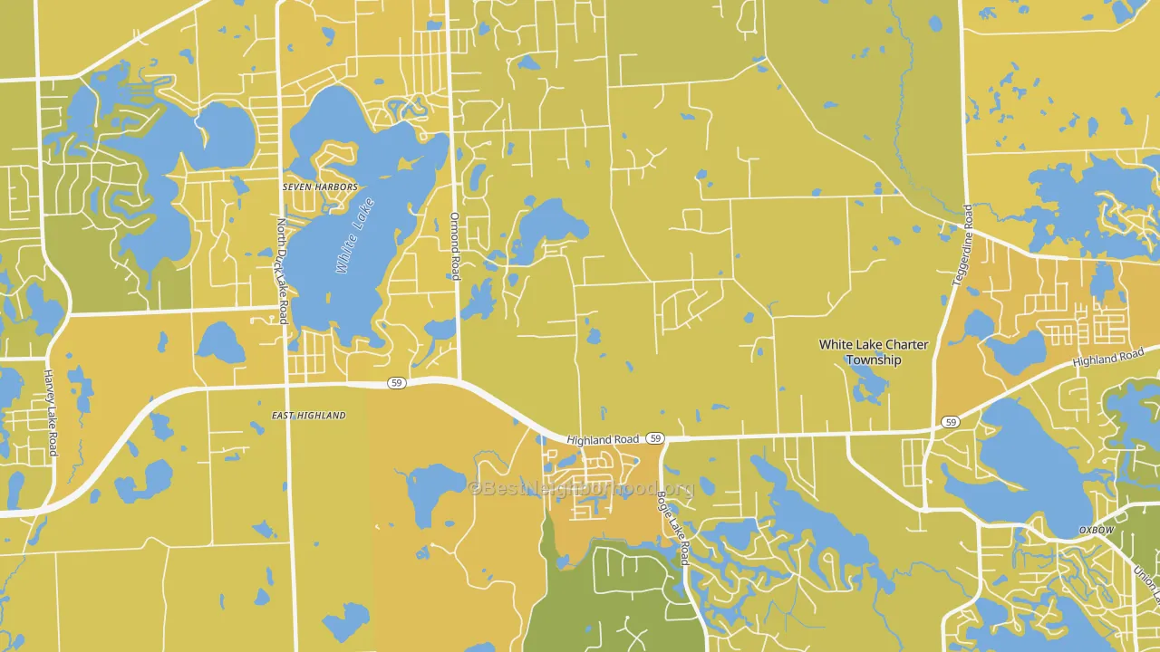 Map of the best neighborhoods in the 48383 area, with better matches in green and worse matches in red