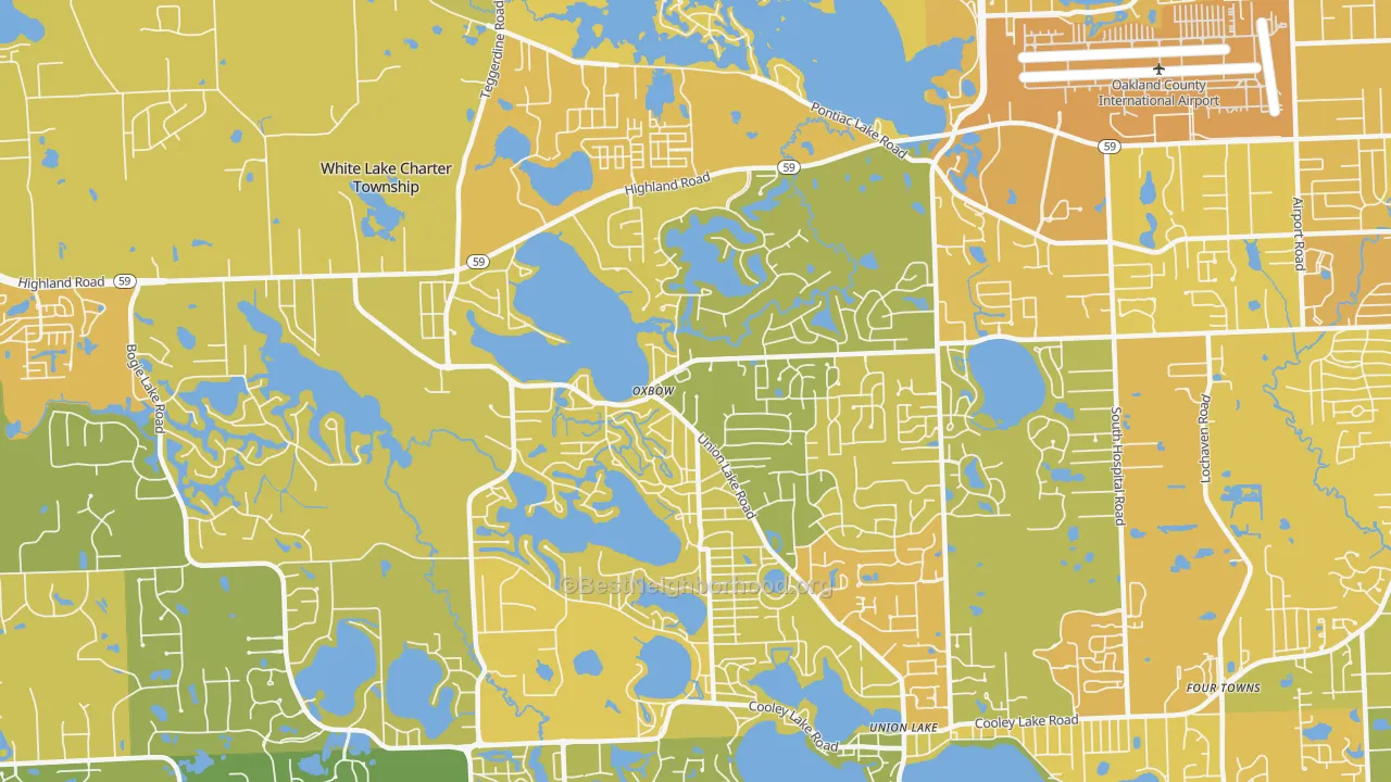 Map of the best neighborhoods in the 48386 area, with better matches in green and worse matches in red