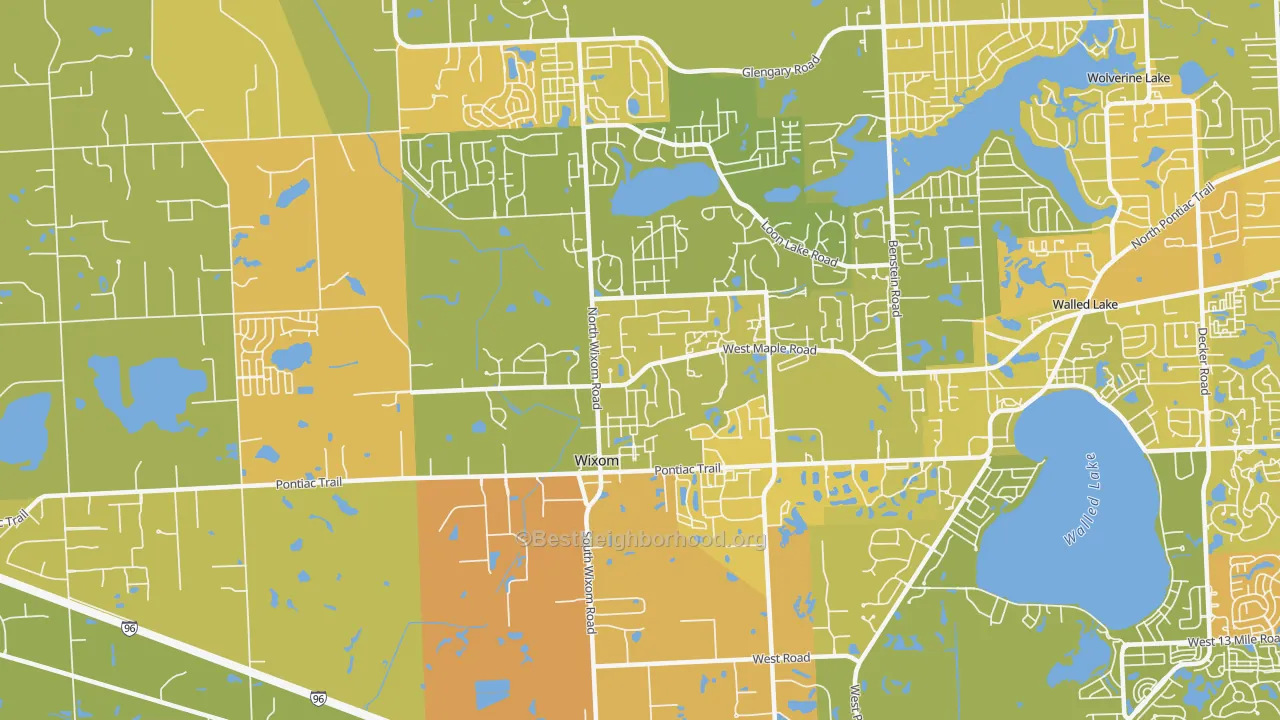 Map of the best neighborhoods in the 48393 area, with better matches in green and worse matches in red