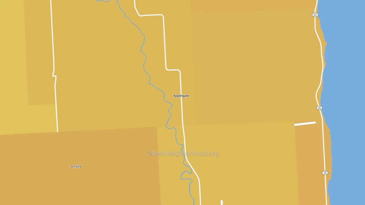 Map of the best neighborhoods in the 48401 area, with better matches in green and worse matches in red