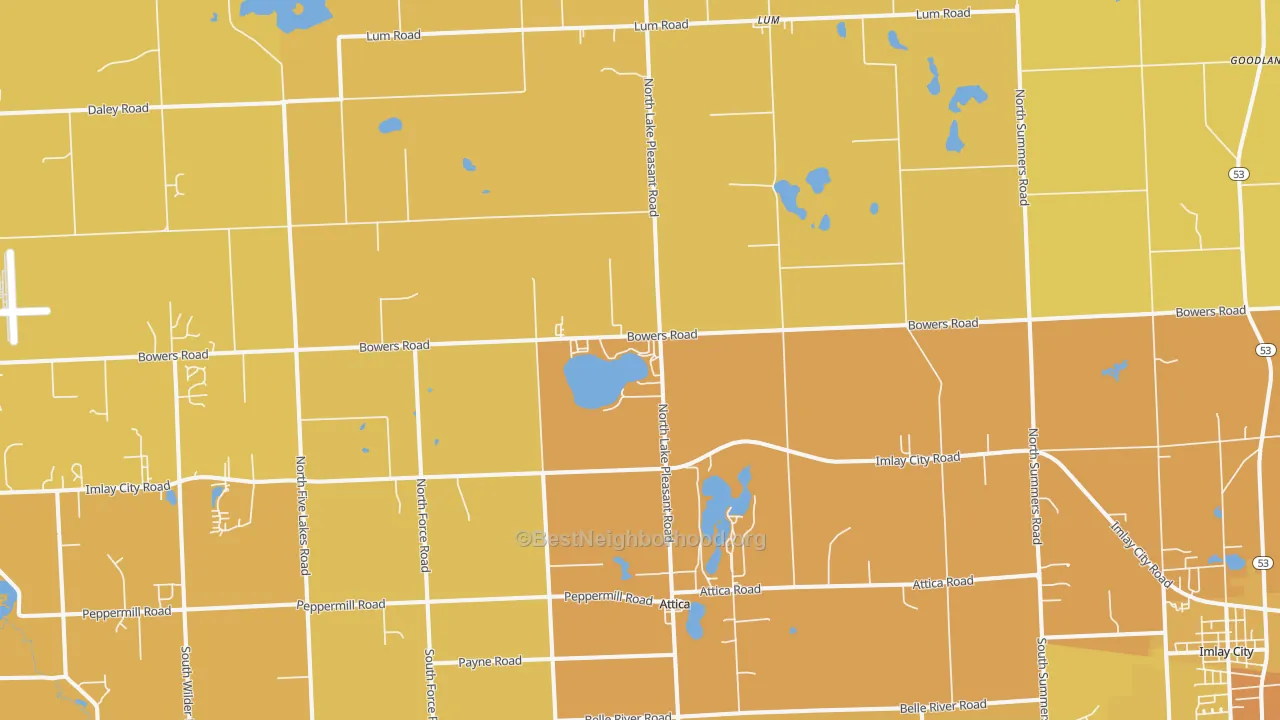 Map of the best neighborhoods in the 48412 area, with better matches in green and worse matches in red