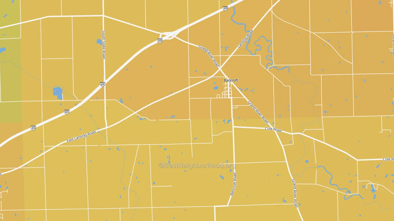 Map of the best neighborhoods in the 48414 area, with better matches in green and worse matches in red