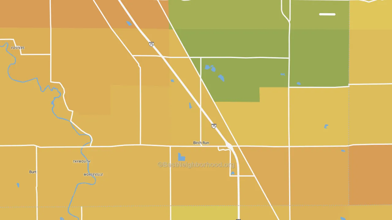 Map of the best neighborhoods in the 48415 area, with better matches in green and worse matches in red