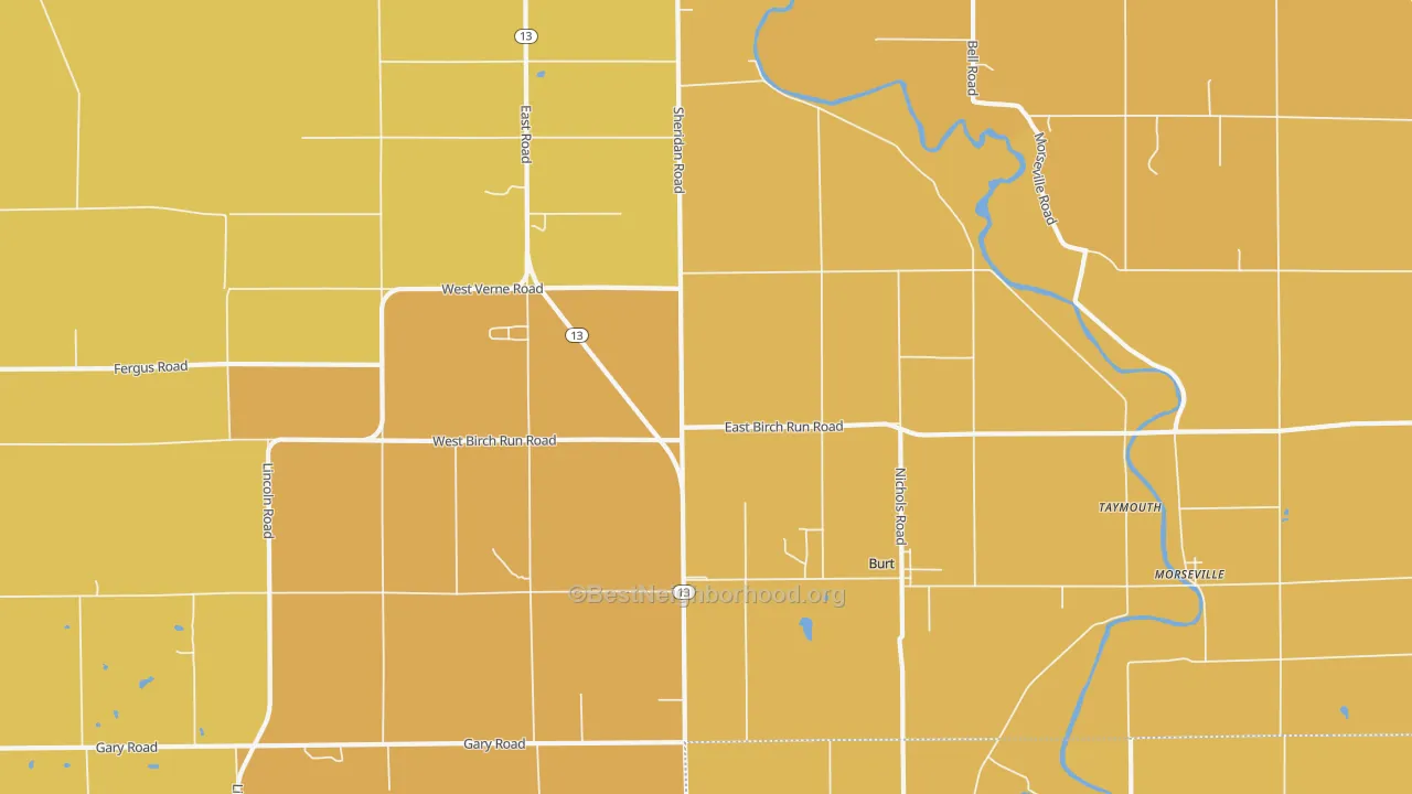 Map of the best neighborhoods in the 48417 area, with better matches in green and worse matches in red
