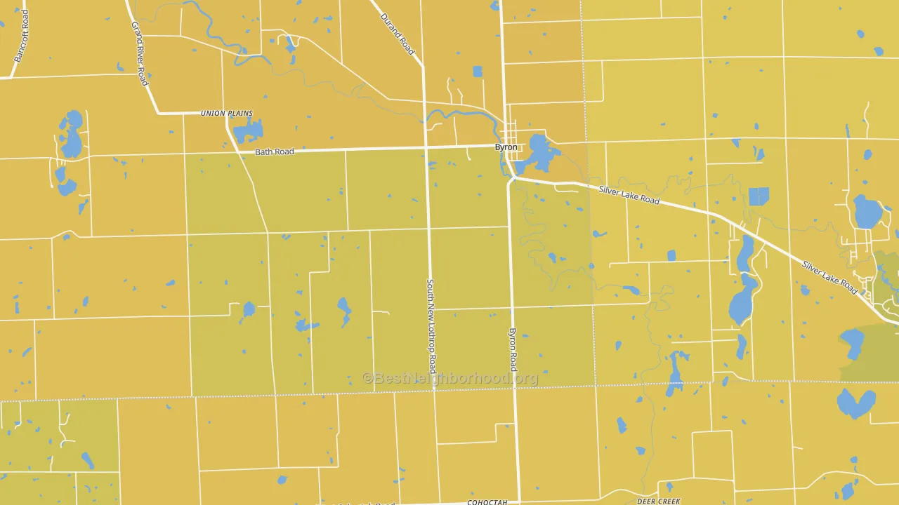 Map of the best neighborhoods in the 48418 area, with better matches in green and worse matches in red