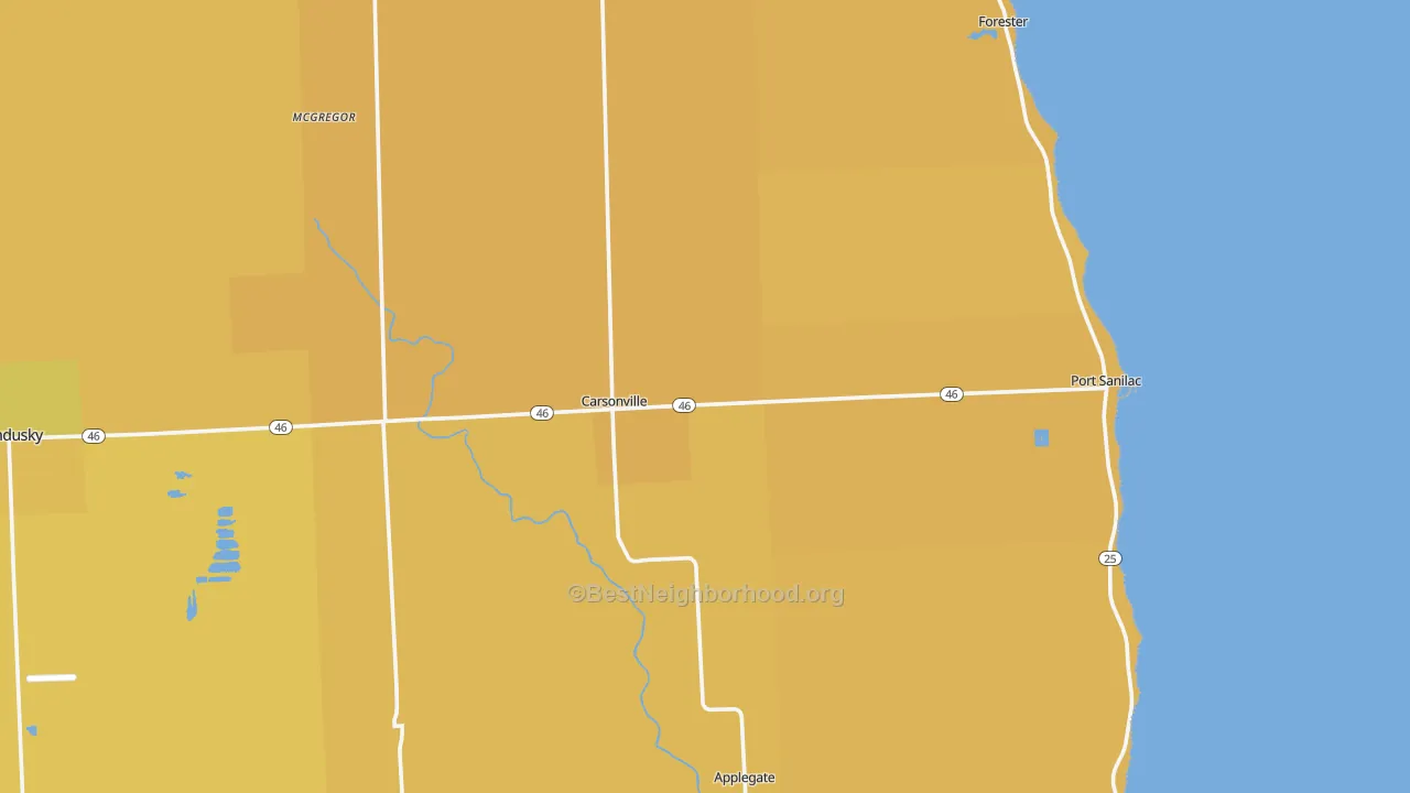 Map of the best neighborhoods in the 48419 area, with better matches in green and worse matches in red
