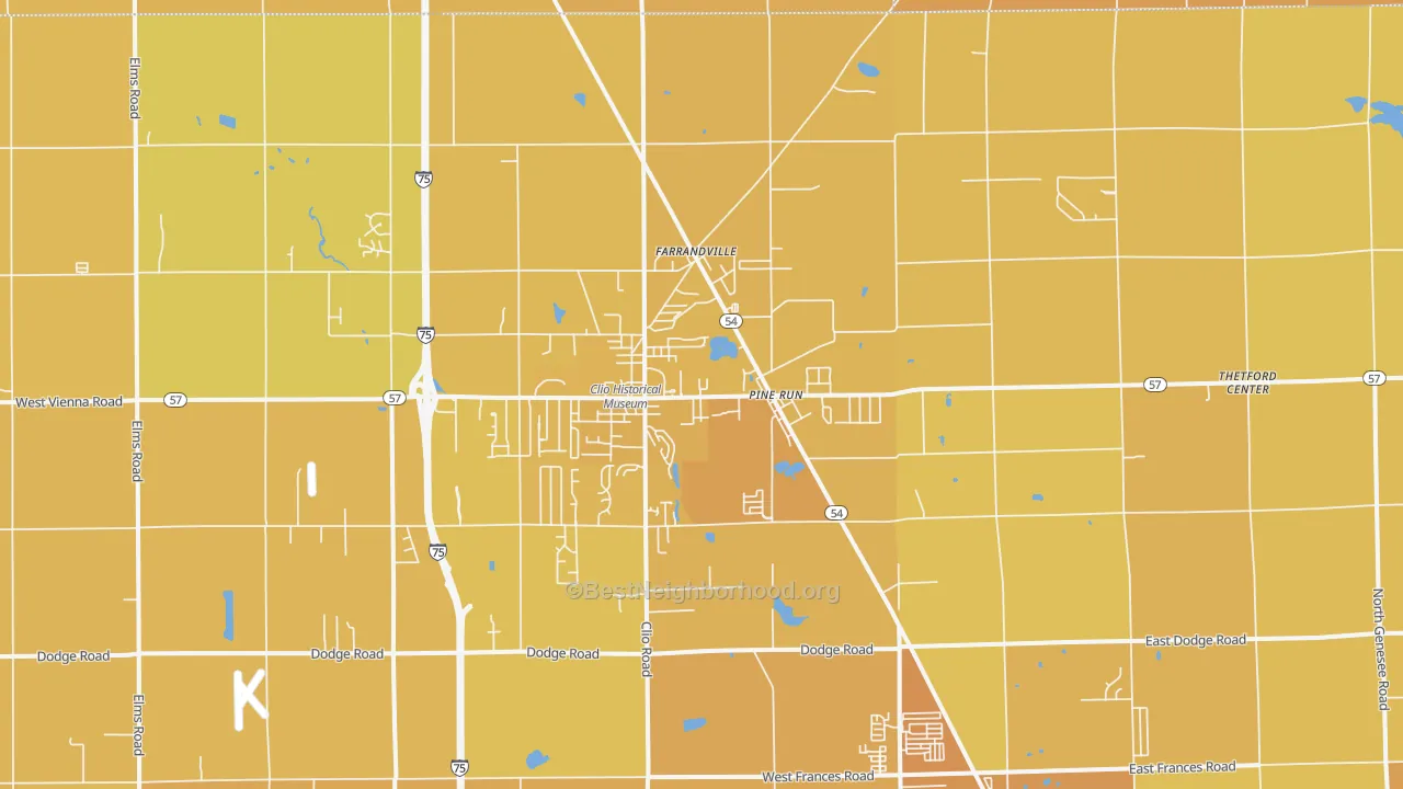 Map of the best neighborhoods in the 48420 area, with better matches in green and worse matches in red