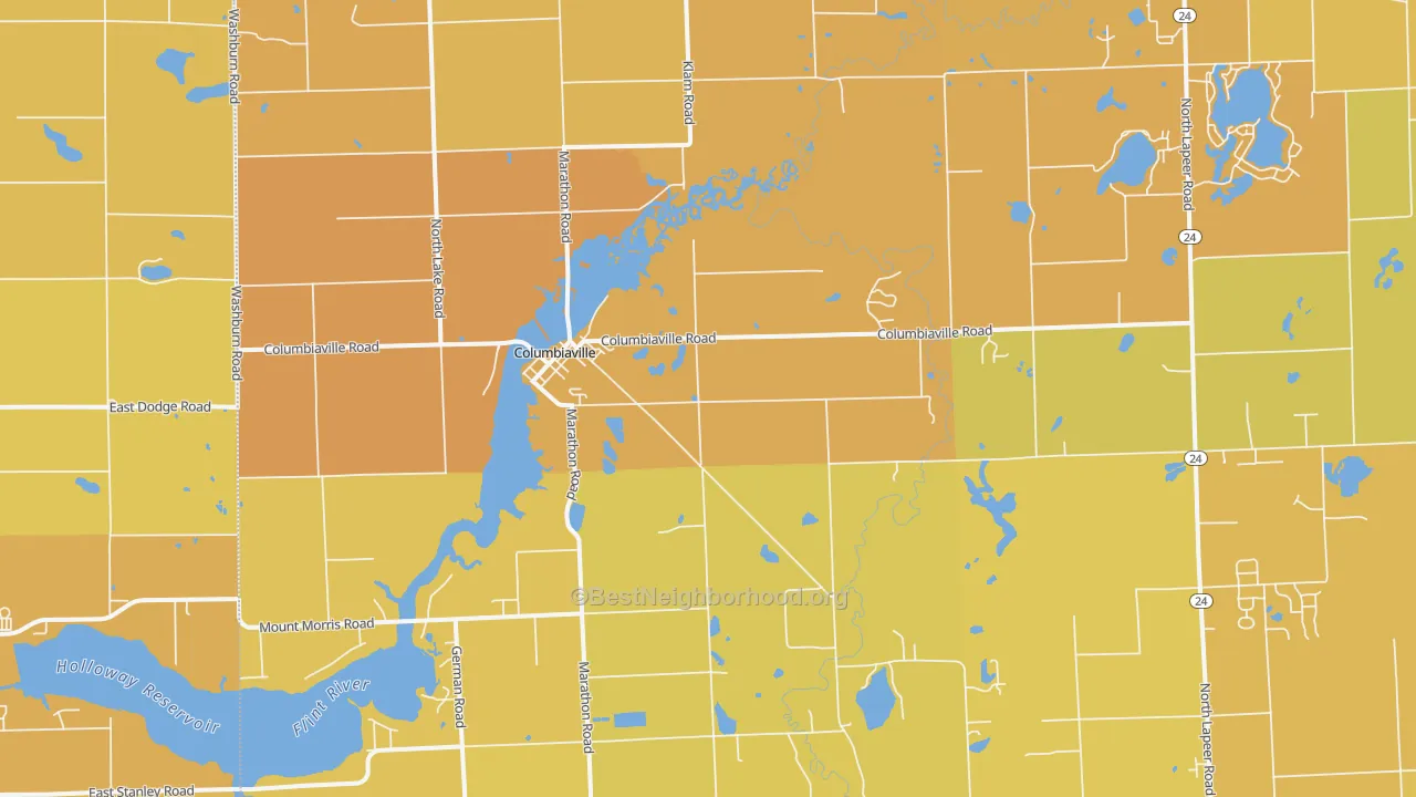 Map of the best neighborhoods in the 48421 area, with better matches in green and worse matches in red