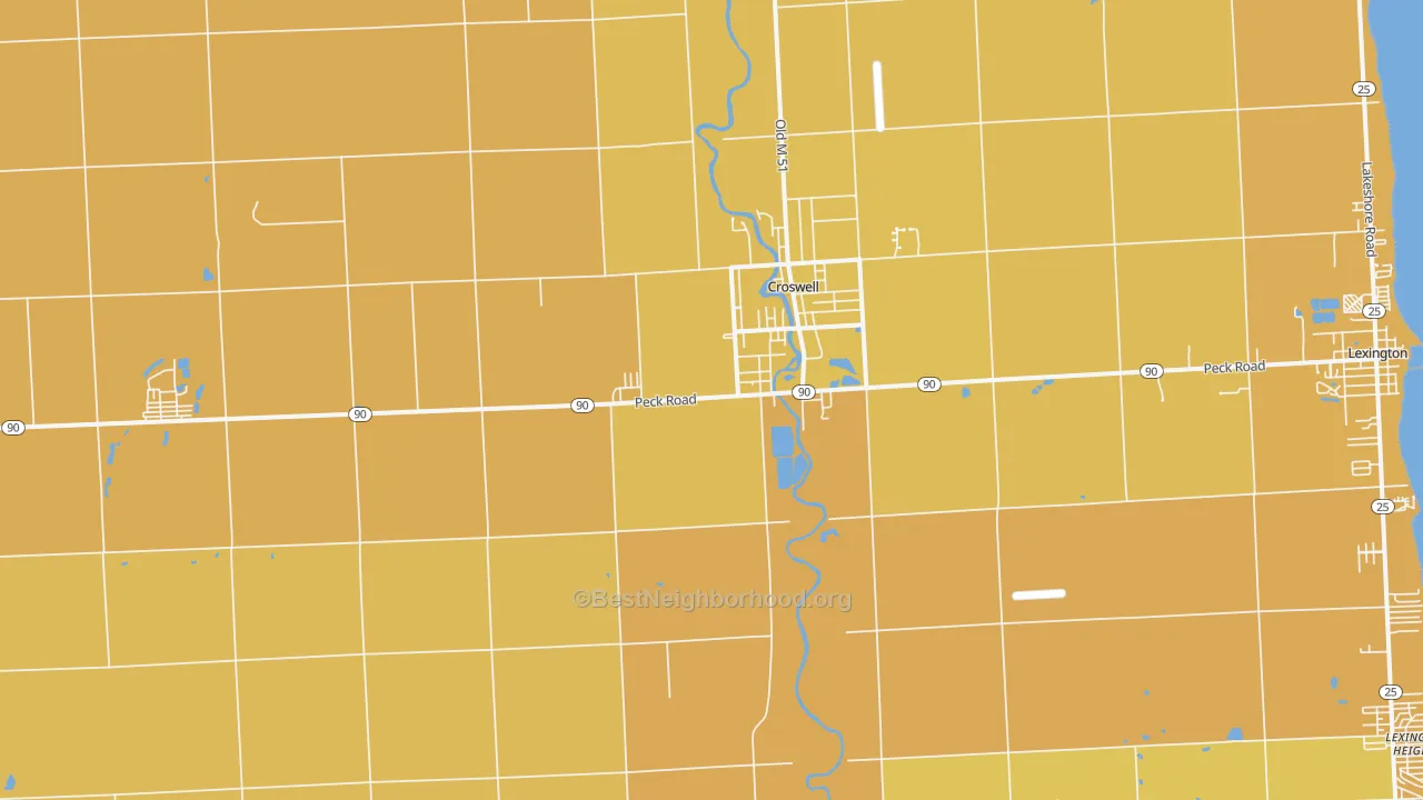 Map of the best neighborhoods in the 48422 area, with better matches in green and worse matches in red