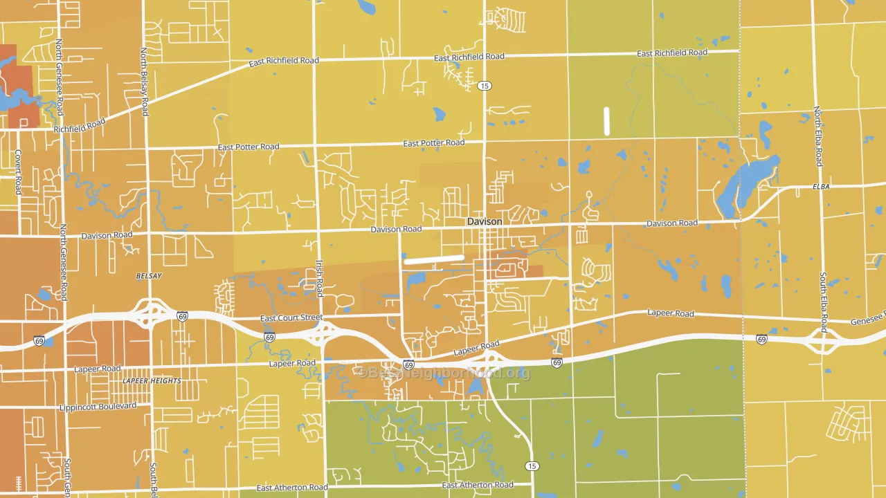 Map of the best neighborhoods in the 48423 area, with better matches in green and worse matches in red