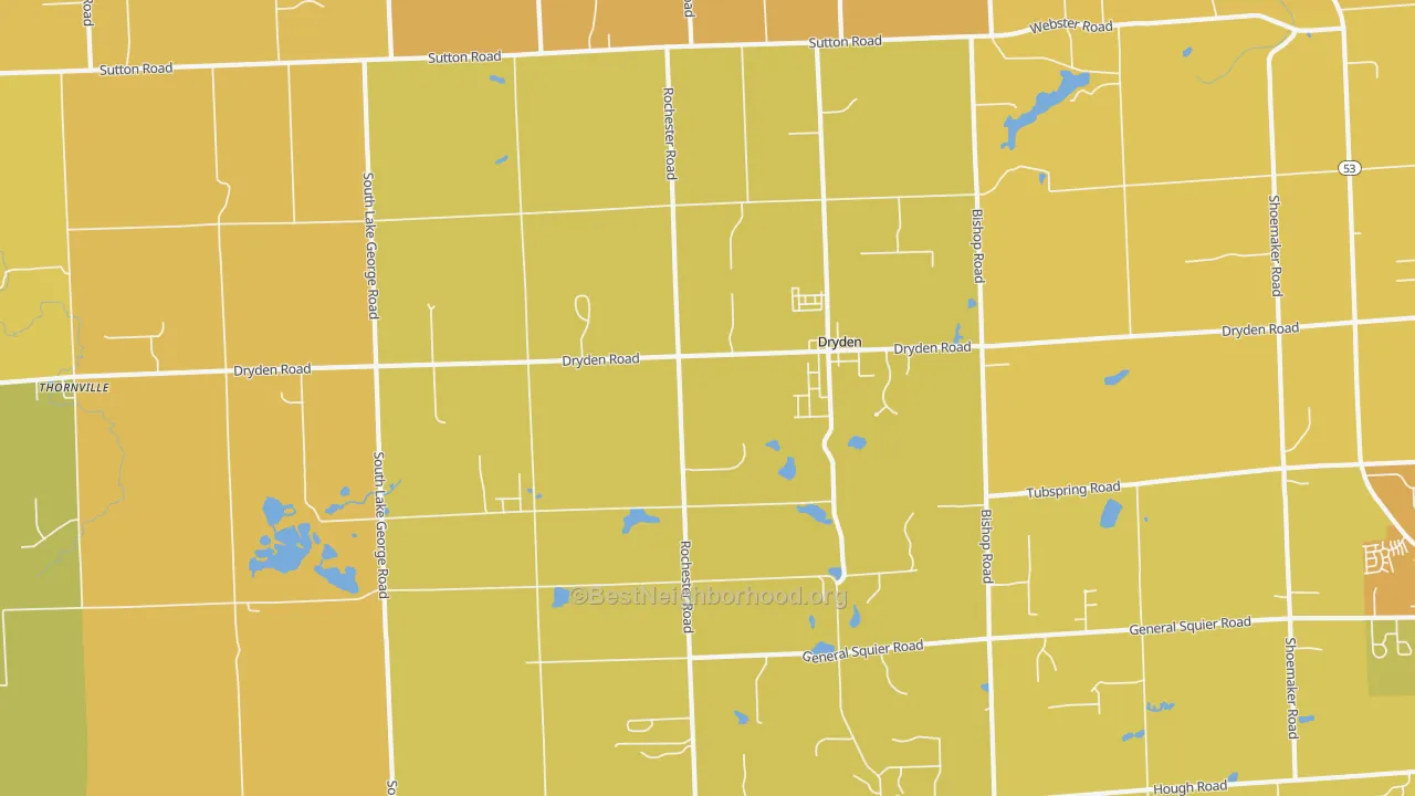 Map of the best neighborhoods in the 48428 area, with better matches in green and worse matches in red