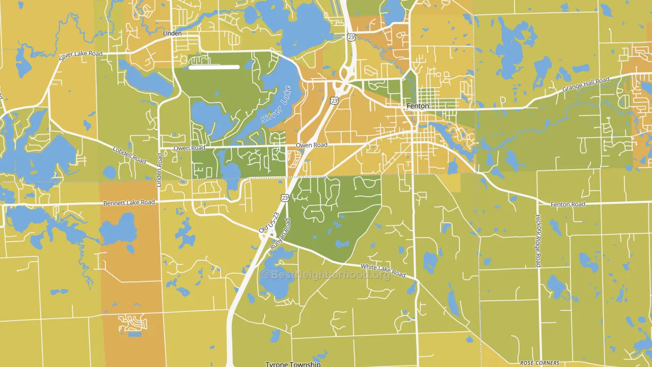 Map of the best neighborhoods in the 48430 area, with better matches in green and worse matches in red