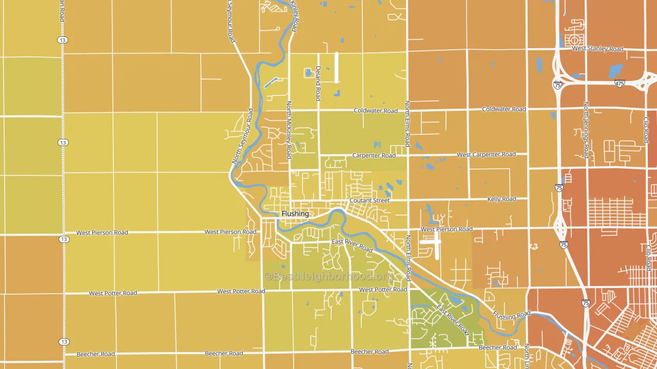 Map of the best neighborhoods in the 48433 area, with better matches in green and worse matches in red