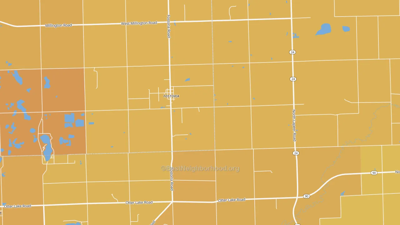 Map of the best neighborhoods in the 48435 area, with better matches in green and worse matches in red