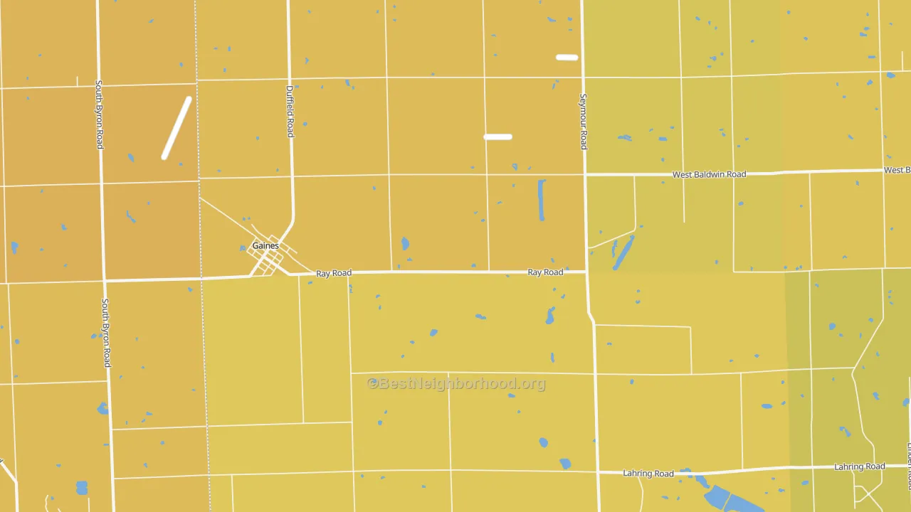 Map of the best neighborhoods in the 48436 area, with better matches in green and worse matches in red