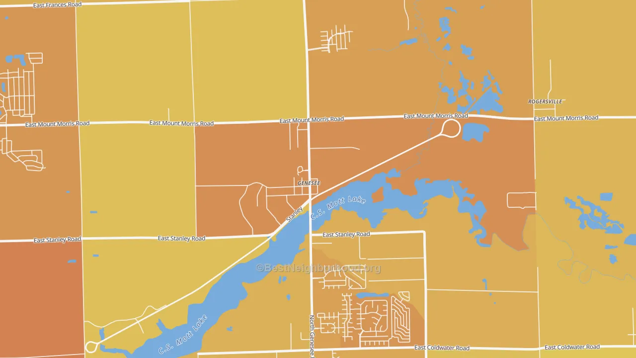 Map of the best neighborhoods in the 48437 area, with better matches in green and worse matches in red