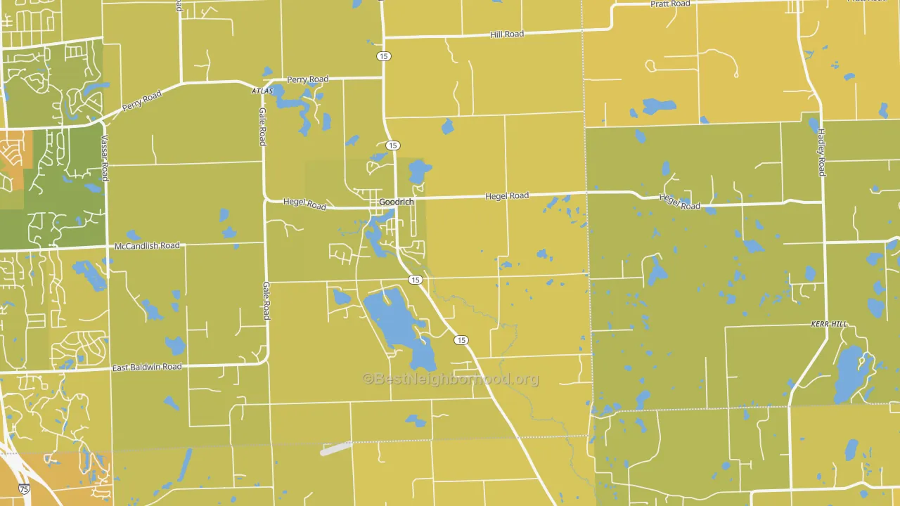 Map of the best neighborhoods in the 48438 area, with better matches in green and worse matches in red