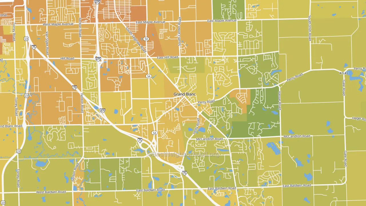 Map of the best neighborhoods in the 48439 area, with better matches in green and worse matches in red