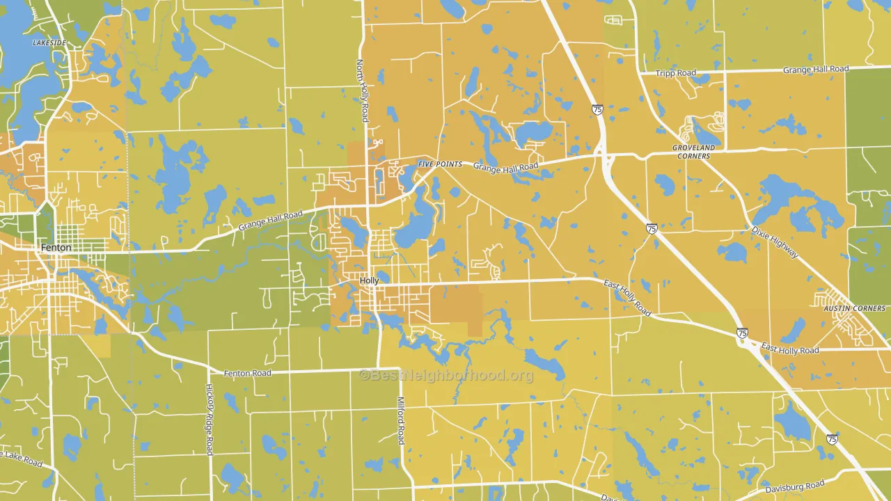 Map of the best neighborhoods in the 48442 area, with better matches in green and worse matches in red