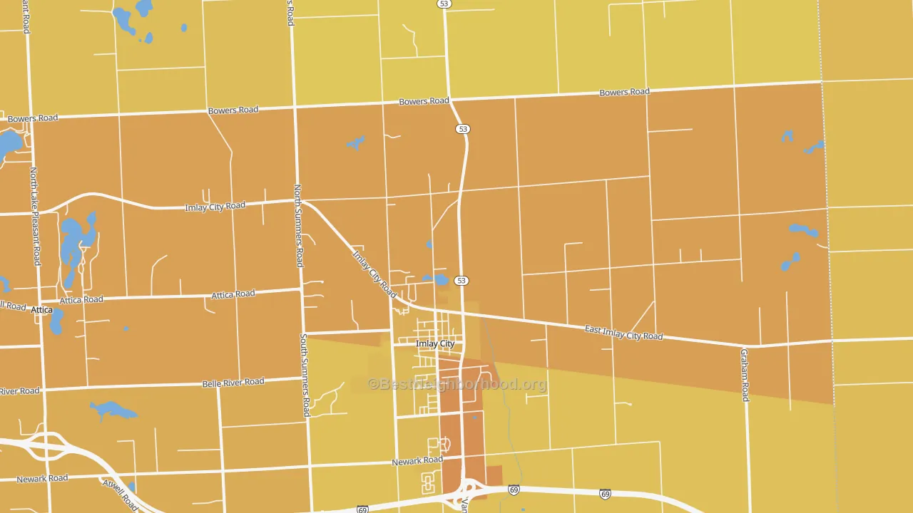 Map of the best neighborhoods in the 48444 area, with better matches in green and worse matches in red