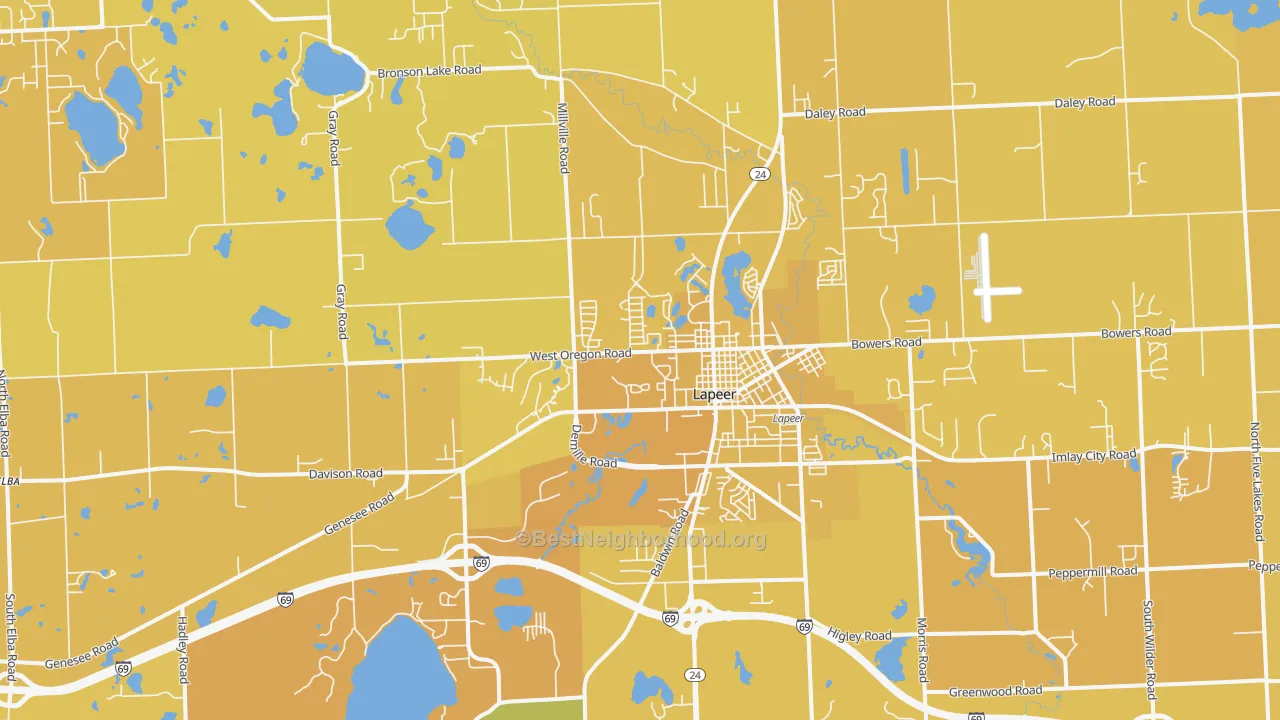 Map of the best neighborhoods in the 48446 area, with better matches in green and worse matches in red