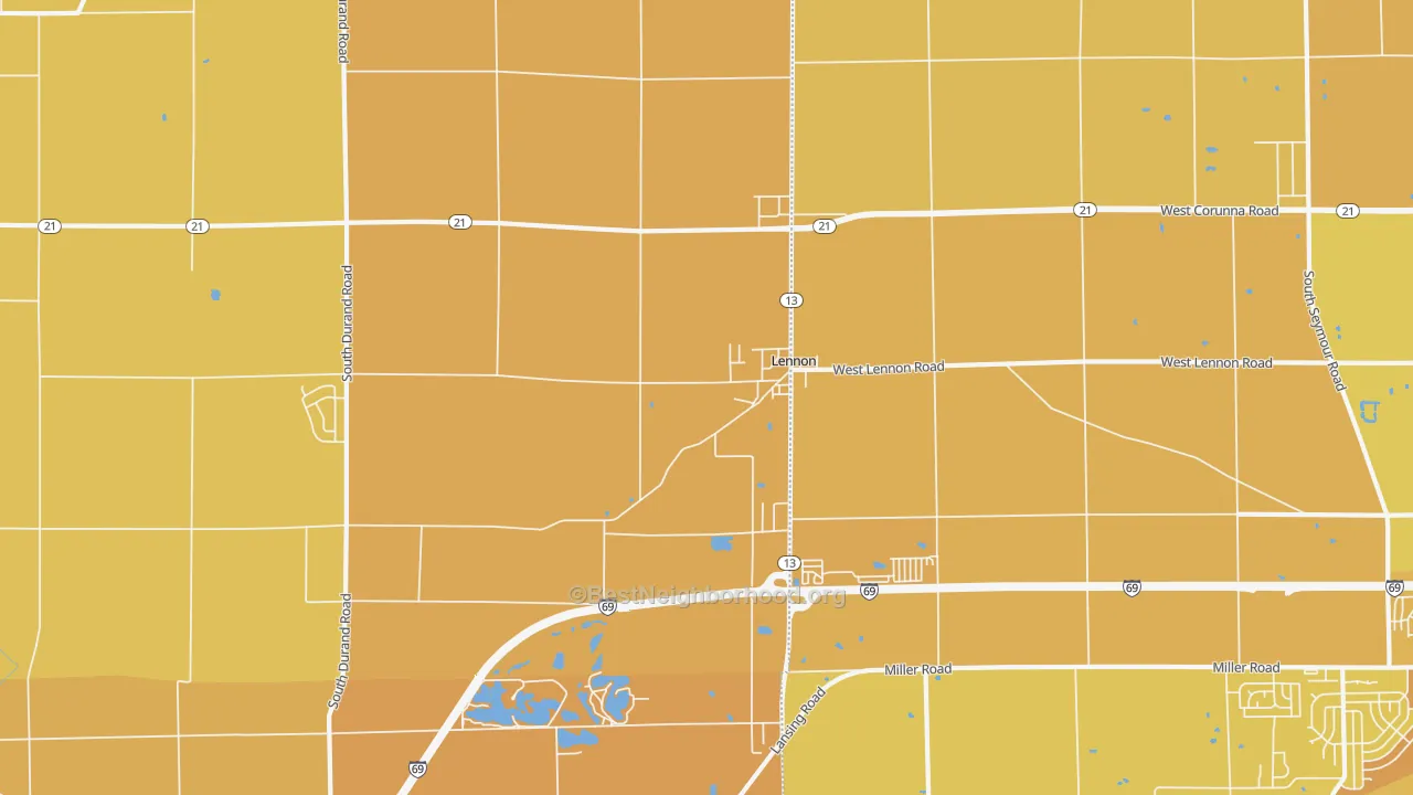 Map of the best neighborhoods in the 48449 area, with better matches in green and worse matches in red