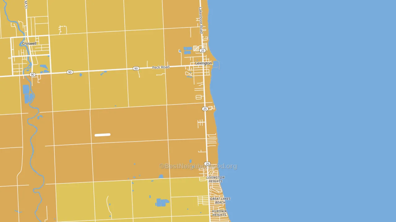 Map of the best neighborhoods in the 48450 area, with better matches in green and worse matches in red