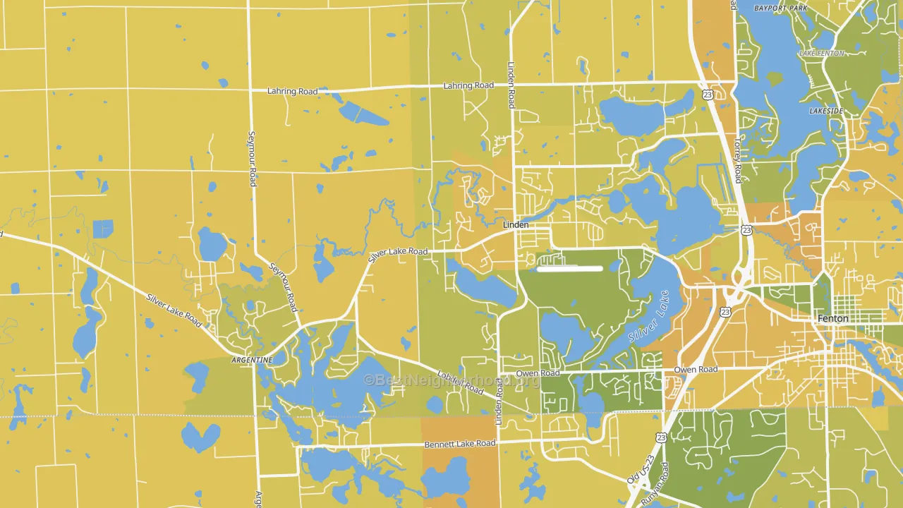 Map of the best neighborhoods in the 48451 area, with better matches in green and worse matches in red