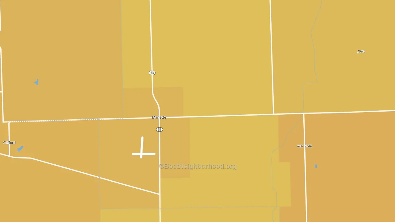 Map of the best neighborhoods in the 48453 area, with better matches in green and worse matches in red