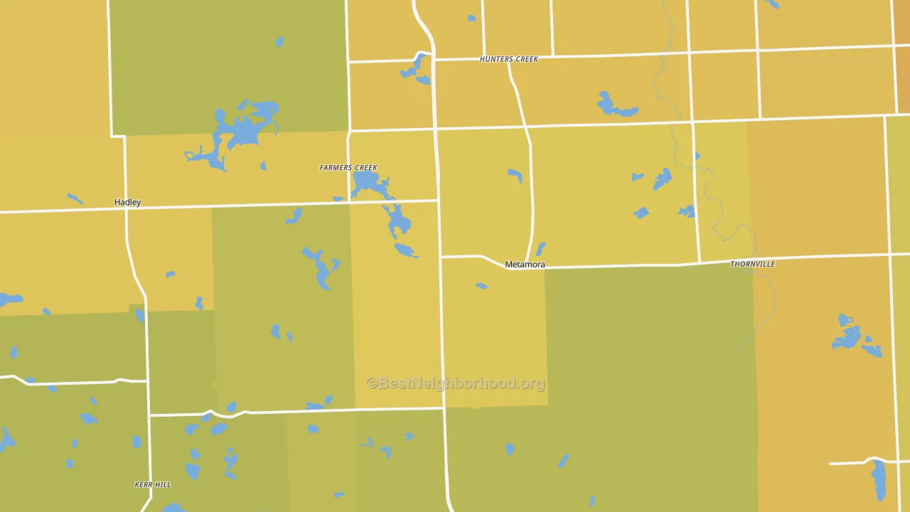 Map of the best neighborhoods in the 48455 area, with better matches in green and worse matches in red