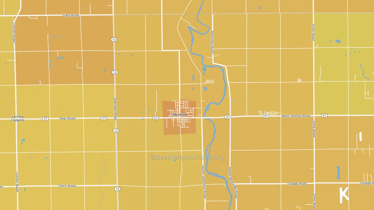Map of the best neighborhoods in the 48457 area, with better matches in green and worse matches in red
