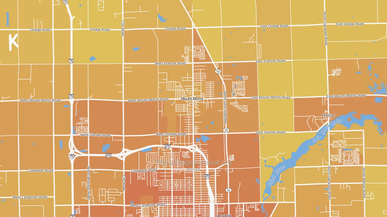 Map of the best neighborhoods in the 48458 area, with better matches in green and worse matches in red