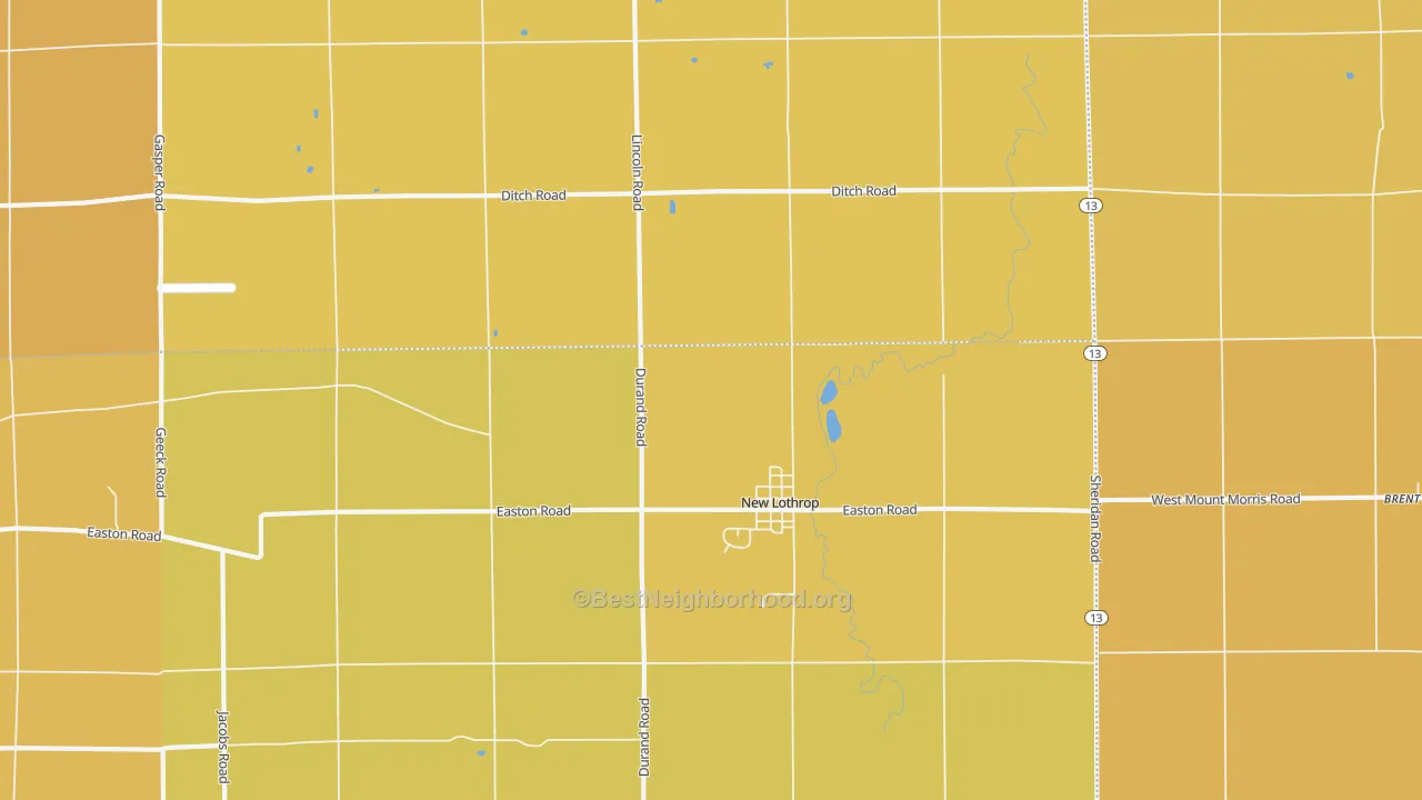 Map of the best neighborhoods in the 48460 area, with better matches in green and worse matches in red