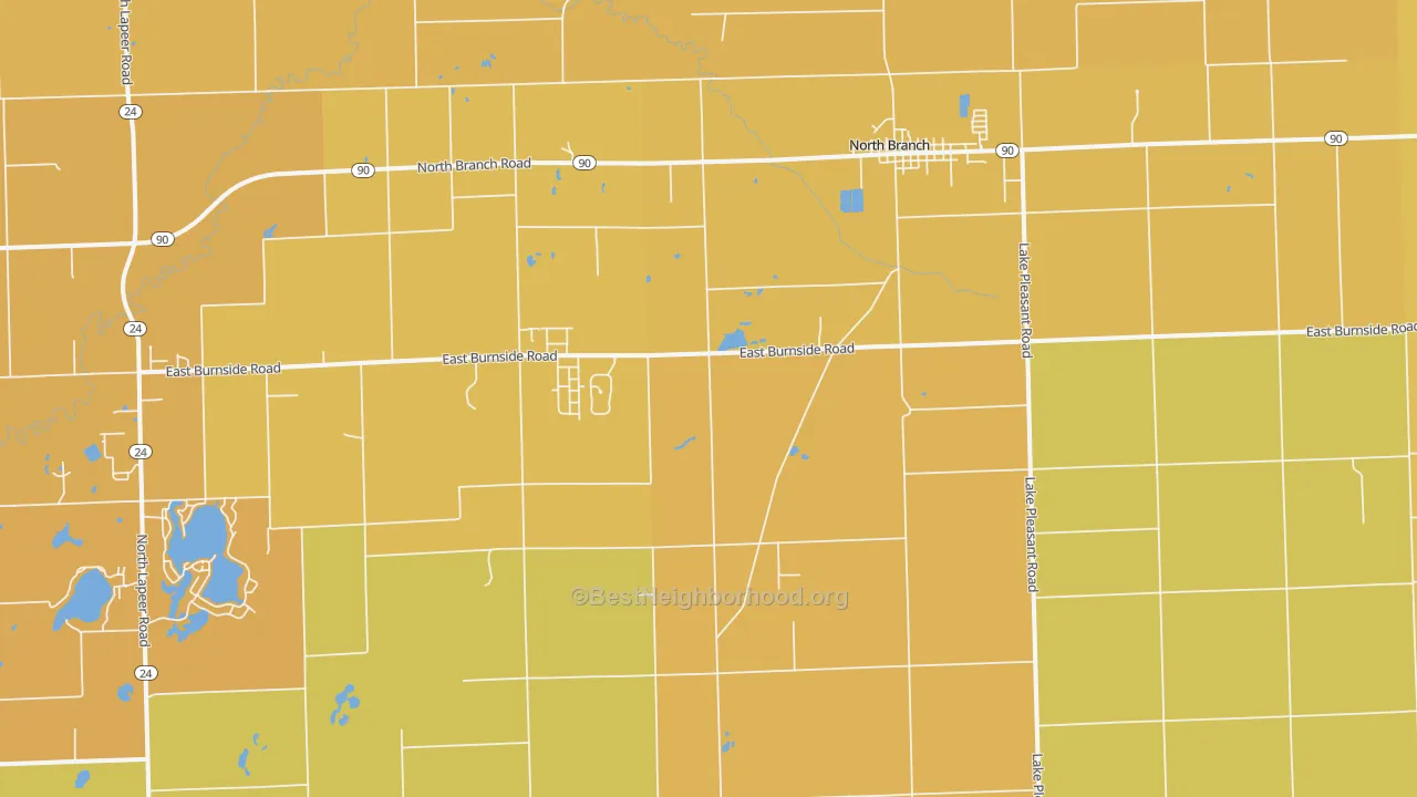 Map of the best neighborhoods in the 48461 area, with better matches in green and worse matches in red