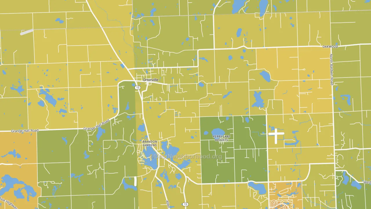 Map of the best neighborhoods in the 48462 area, with better matches in green and worse matches in red