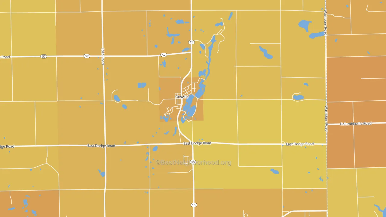 Map of the best neighborhoods in the 48463 area, with better matches in green and worse matches in red