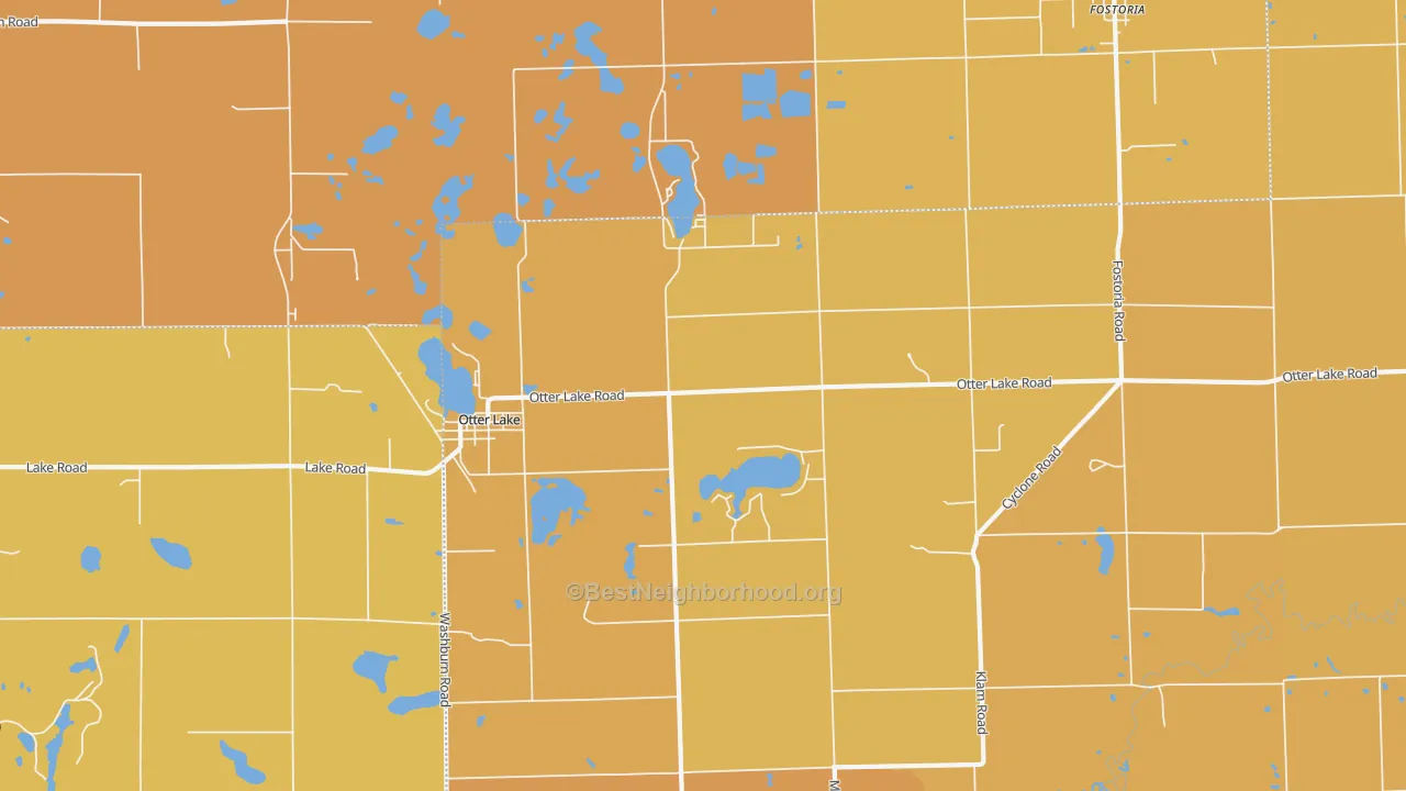 Map of the best neighborhoods in the 48464 area, with better matches in green and worse matches in red