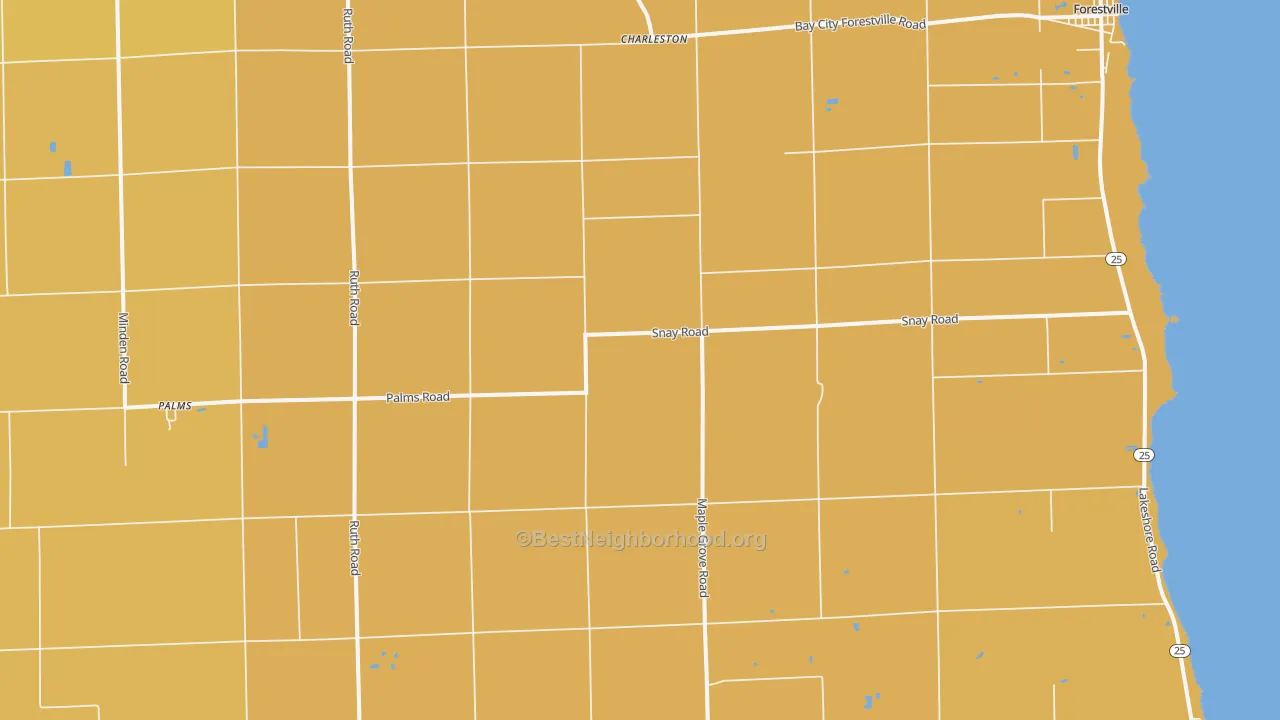Map of the best neighborhoods in the 48465 area, with better matches in green and worse matches in red