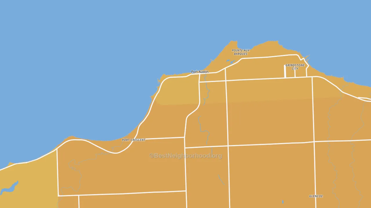 Map of the best neighborhoods in the 48467 area, with better matches in green and worse matches in red